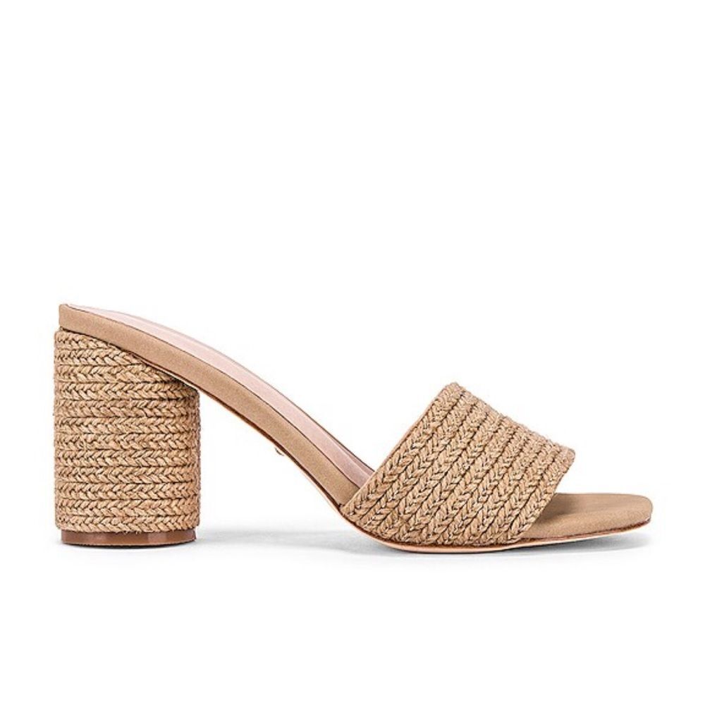 RAYE Braided Raffia Block Heel Mules in Natural Tan